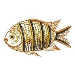 Applique striped fish featuring a bold streamlined body with vibrant golden and black stripes.