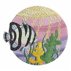 Colorful striped fish swims among vibrant green seaweed and yellow coral in a playful underwater scene.