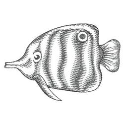 Playful fish with distinct stripes, simple facial features, and a finned tail, in a whimsical line-art style.