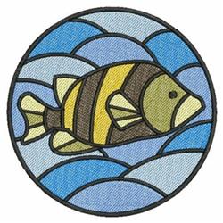 Stylized fish with yellow and brown stripes swimming in blue waves in a circular layout, colorful and playful.