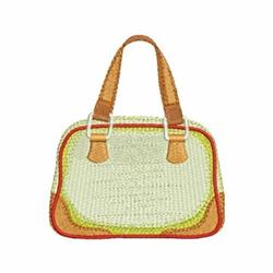 Stylish handbag with a light green body, vibrant orange and brown accents, and sturdy handles, featuring a modern design.