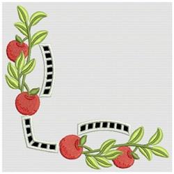 Stylized apple branches with vibrant red apples, green leaves, and playful black and white stripes in a seasonal design.