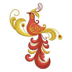 Whimsical bird design with intricate red and yellow swirls. A vibrant artistic touch for kids' projects.