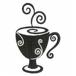 Stylized coffee cup with whimsical swirls and a decorative handle, modern design perfect for kitchen towels.