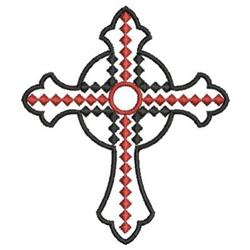 Applique stylized cross with intricate black outline, red and white geometric patterns, artistic design.
