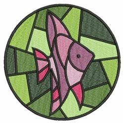Stylized fish in pink surrounded by geometric green shapes, modern and playful embroidery design.