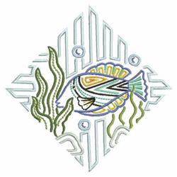 Decorative fish design in vibrant blue, yellow, and green with seaweed, curved lines, and geometric patterns.