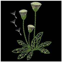 Stylized flowers with intricate white petals on green stems, accented by leaves and seeds, on a black background.