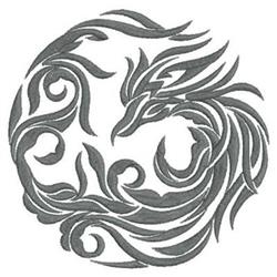 Stylized phoenix in shades of gray with intricate feather details and dynamic swirls, modern artistic design.