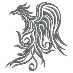 Intricate line art of a stylized phoenix with flowing wings and tail feathers in muted gray.