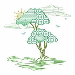 Stylized tree with round green leaves, a bright sun, soft clouds, and birds, ideal for minimalist home decor.