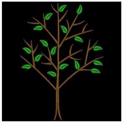 Stylized tree with a brown trunk and green leaves on a black background, featuring a minimalistic botanical design.