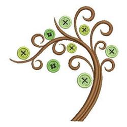 Playful stylized tree with vibrant green buttons as foliage and swirling branches, featuring a rich brown trunk.