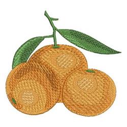 Three oranges with textured, vibrant tones and lush green leaves, in realistic embroidery style for summer.