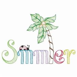 Playful 'Summer' text in pastel colors with a leafy palm tree and a small ladybug, perfect for tropical designs.