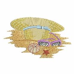 Playful summer sun hat with a light blue band, paired with pink sunglasses, seashell, and starfish on beige sand.