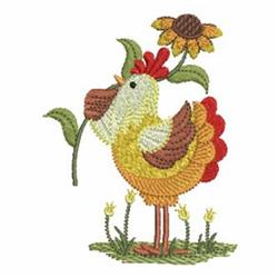 Colorful chicken holding a flower in its beak, surrounded by green leaves and spring blooms in a playful design.