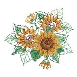 Naturalistic cluster of sunflowers with vibrant yellow petals, brown centers, and lush green leaves for spring decor.