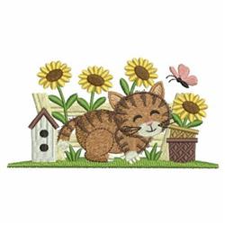 detailed spring kitten machine embroidery pattern - Sunflower Kitty for Garden Aprons