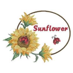 Colorful sunflower with detailed yellow petals and a ladybug, accented by bold red text, all in vibrant style.
