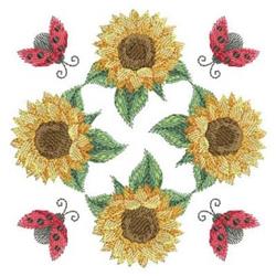 Colorful sunflowers in yellow with lush green leaves, adorned by red ladybugs, perfect for spring decor.