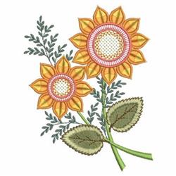 Cheerful sunflower Applique with vibrant yellow petals, detailed centers, and lush green leaves, perfect for spring decor.