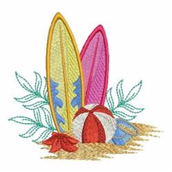 Two colorful surfboards, yellow and pink, stand on sandy beach with a beach ball and tropical leaves, summery and playful.