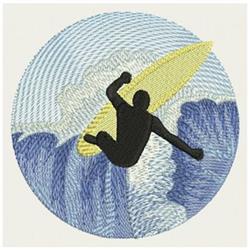 Surfer silhouette in a dynamic pose with vibrant yellow surfboard against flowing blue waves. Modern and energetic design.