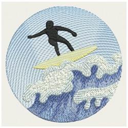 Surfer silhouette joyfully riding a yellow surfboard over vibrant blue and white waves in a playful summer scene.
