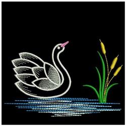 Elegant white swan detailed with feathers, surrounded by green cattails against a black backdrop.