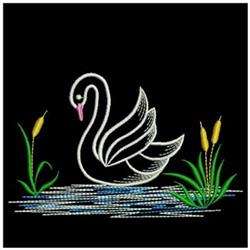 Elegant swan in white on a black background, surrounded by green cattails and blue water hints.