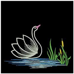 Vibrant line art of a swan with elongated neck and outstretched wings reflected in serene blue water, surrounded by green ree