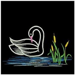 Elegant swan with pink-beaked detailing by water's edge, surrounded by green cattails on a black background.