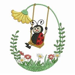 detailed spring ladybug machine embroidery pattern - Swinging Ladybug for kitchen tea towels