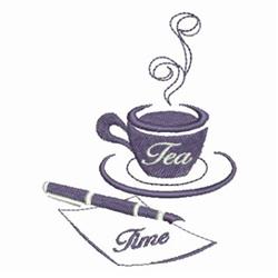 Charming purple tea cup with steam rising above a notepad and pen, featuring playful 'Tea' and 'Time' embroidery.