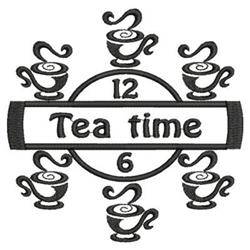 Whimsical circular arrangement of teacups with playful swirls, featuring a 'Tea time' banner, perfect for kitchen decor.