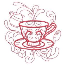Whimsical red teacup with intricate embroidery, placed on a saucer with swirling steam, alongside a sugar bowl and cubes.