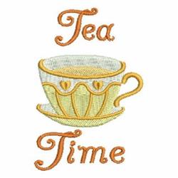Whimsical yellow teacup with delicate details and 'Tea Time' text, perfect for cozy tea parties.