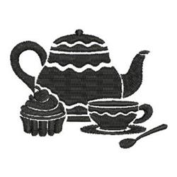 Applique teapot with zigzag patterns, cupcake, and cup in black and white line art for kitchen decor.
