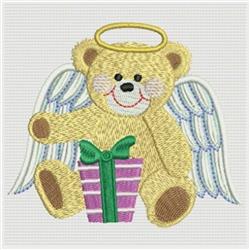 Cute teddy bear with angel wings and a golden halo, holding a pink gift box with green details, perfect for machine embroider