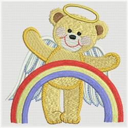 Playful teddy bear with angel wings and halo in front of a colorful rainbow, perfect for children's nursery decor.