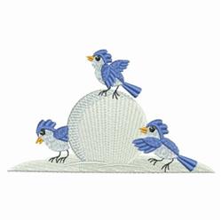 Three bluebirds in soft blue and white hues playfully perched on a rounded, pastel background, perfect for decorative embroid