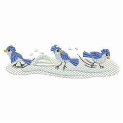 Three bluebirds with vibrant feathers perched on stylized waves, colorful and playful design.