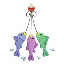 Playful three fish in purple, green, and blue, smiling under a red and white fishing bobber. Fun and colorful.