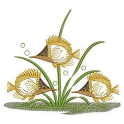 Three fish swim among green grass and bubbles, featuring colorful gold and brown details, whimsical design.