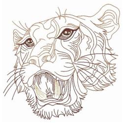Tiger face with intricate lines, featuring neutral colors and a fierce expression. Detailed linear design.