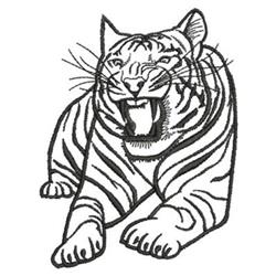 Bold line art of a fierce tiger with detailed stripes and expressive face in a relaxed pose.