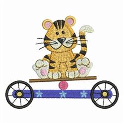 Playful tiger atop a colorful wagon with a blue band and black wheels, perfect for nursery decor.