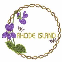 Vibrant violets with green leaves and butterflies surround golden 'RHODE ISLAND' in a playful floral design.