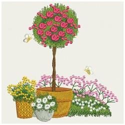 Whimsical topiary tree with vibrant pink flowers and greenery, surrounded by colorful flower pots in spring.